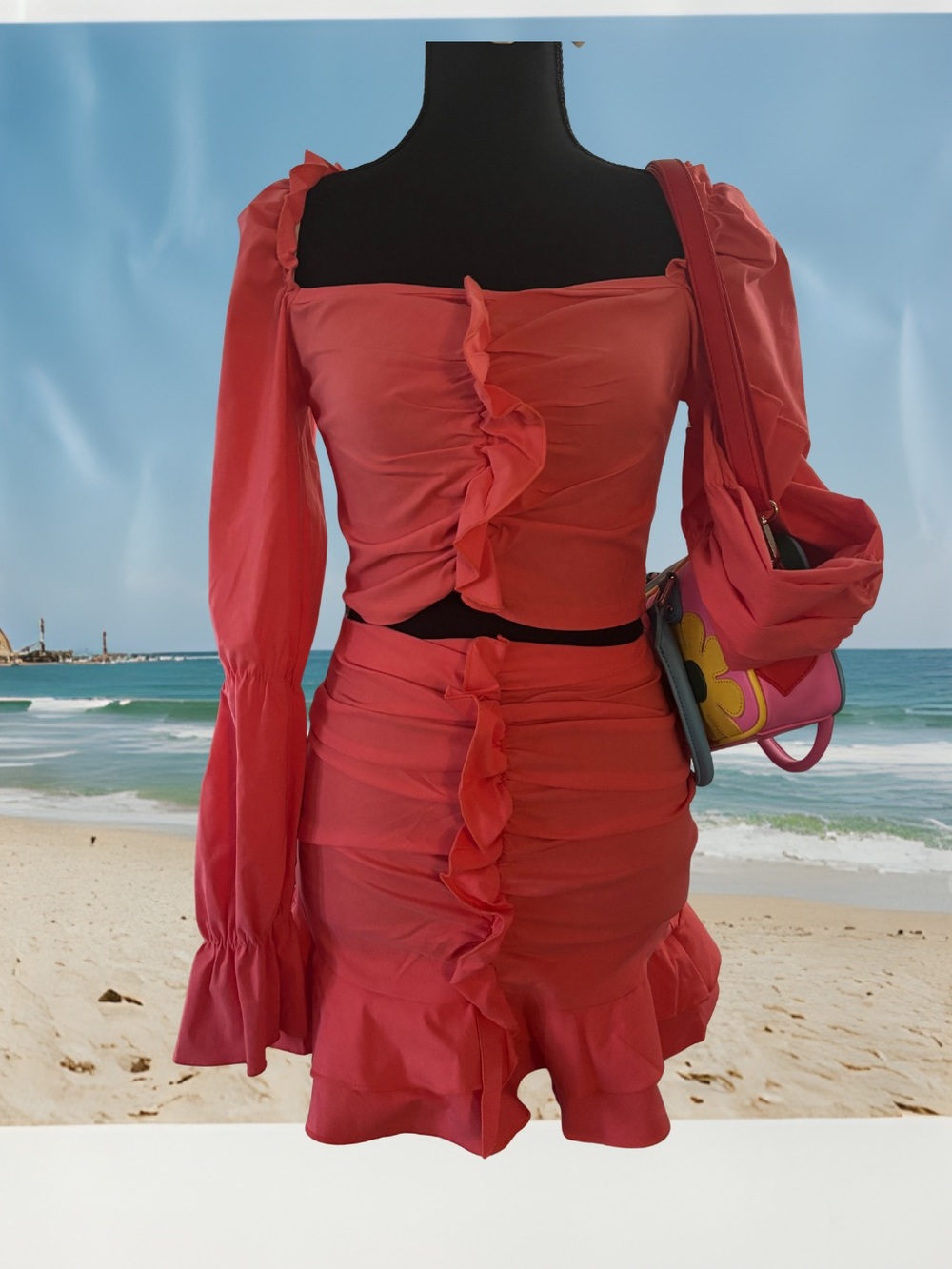 PrettyLittleThing Coral Ruched Ruffle Two Piece Skirt Set NWT Size US 8 UK 12